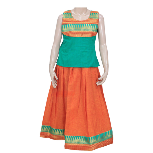 Beautiful Teal Green & Orange Pattu Pavadai