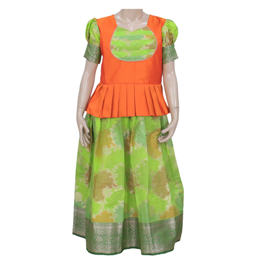 Traditional Orange and Green Pattu Pavadai Sattai