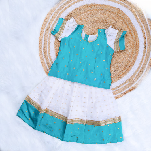 South Indian Teal Blue and White Pattu Pavadai Sattai