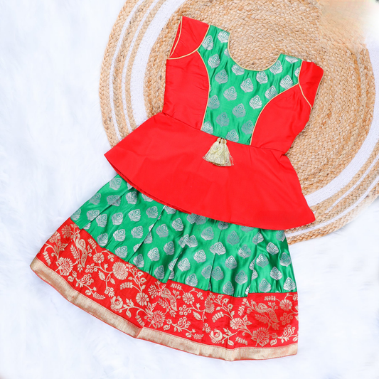 Elegant Peacock Green Brocade Pattu Pavadai with Red Blouse