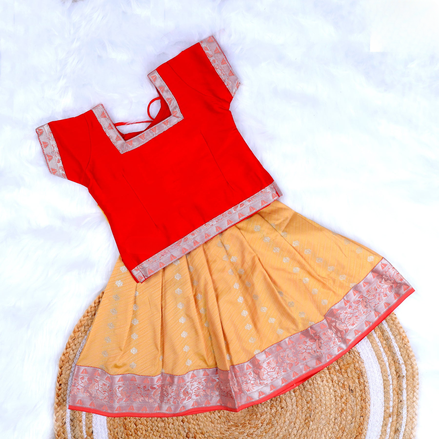 Traditional Red with Mustard Zari Border Pattu Pavadai
