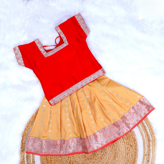 Traditional Red with Mustard Zari Border Pattu Pavadai