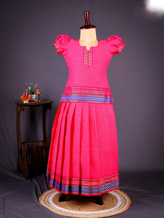 Traditional Pink Cotton Pavadai Sattai for Girls with Zari Border – Elegant South Indian Ethnic Wear