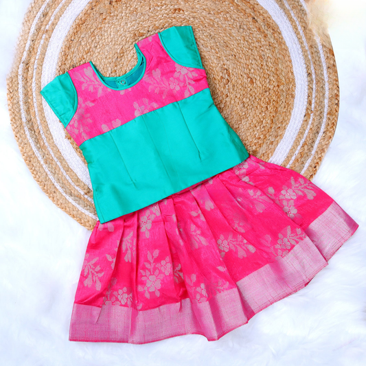 Teal Green with Pink Floral Zari Border Pattu Pavadai