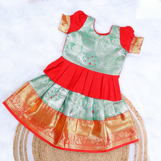 Elegant Mint Green Zari Blouse with Red Pattu Pavadai