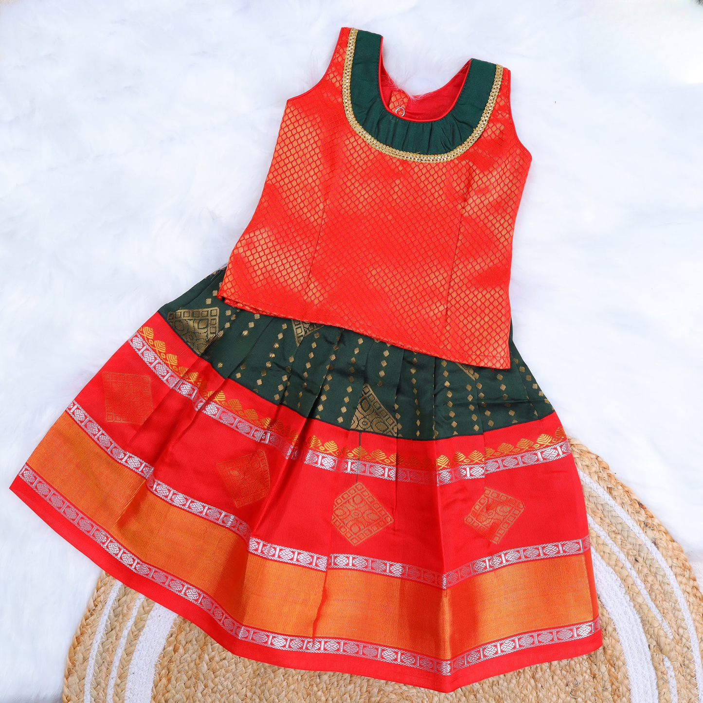 Red Sleeveless Blouse with Forest Green Pattu Pavadai