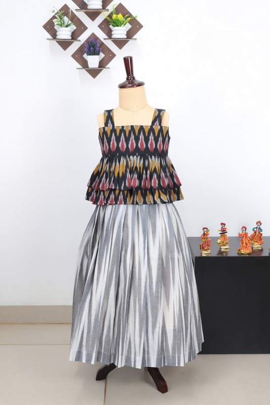 Ikat Printed Cotton Pattu Pavadai Sattai Set – Sleeveless Top