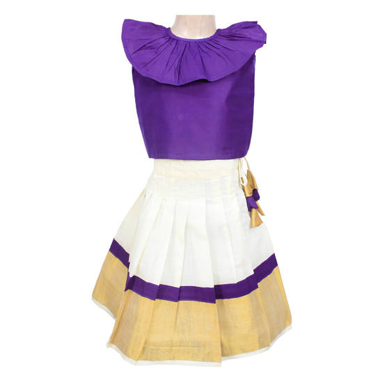 Gorgeous Purple Pattu Pavadai Sattai with Frill Neck