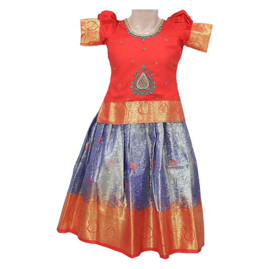 Beautiful Red Pattu Pavadai Sattai with aari work design