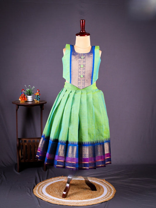 Traditional Green Cotton Pavadai Sattai for Girls