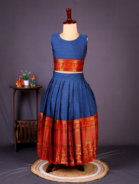 Narayanapet Cotton Blue Pavadai & Blouse Set for Girls
