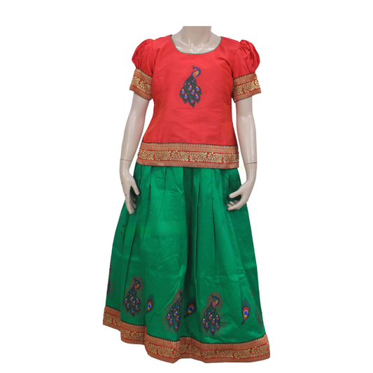Elegant Orange Red Pattu Pavadai