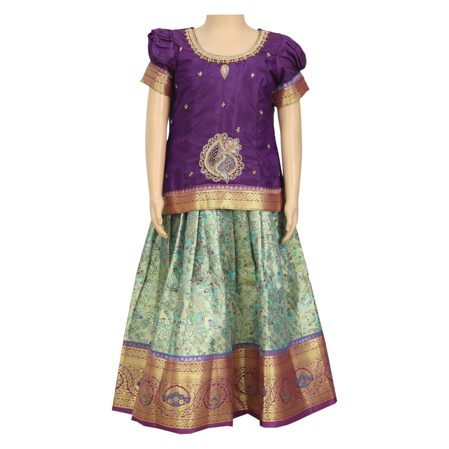 PURPLE PATTU PAVADAI WITH AARI WORK DESIGN