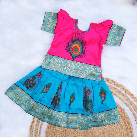 Bright Pink Blouse with Peacock Feather Design Pattu Pavadai