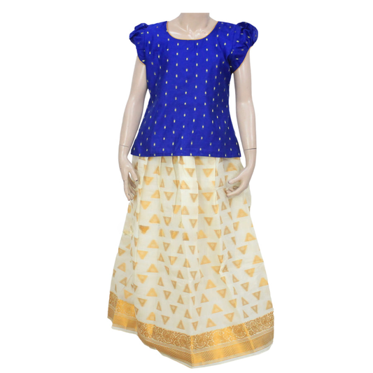 Elegant Kerala White With Blue Pattu Pavadai With Butta Design