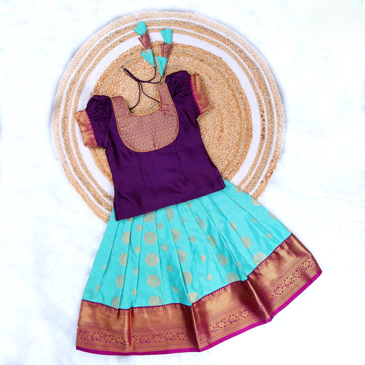Purple & Mint Green Pattu Pavadai Sattai - Golden Zari Border