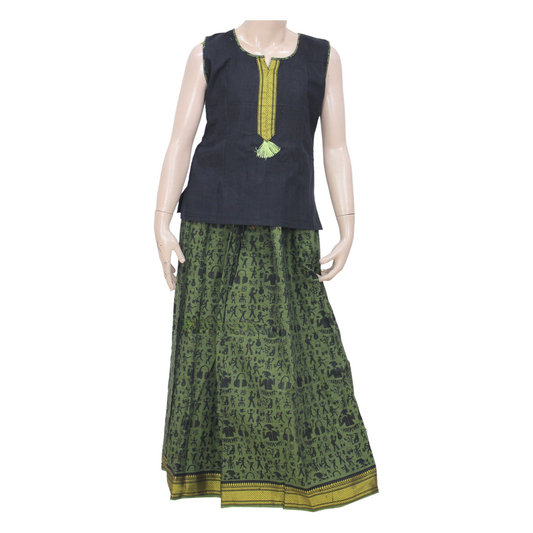 Royal Black and Green Pure Cotton Pattu Pavadai