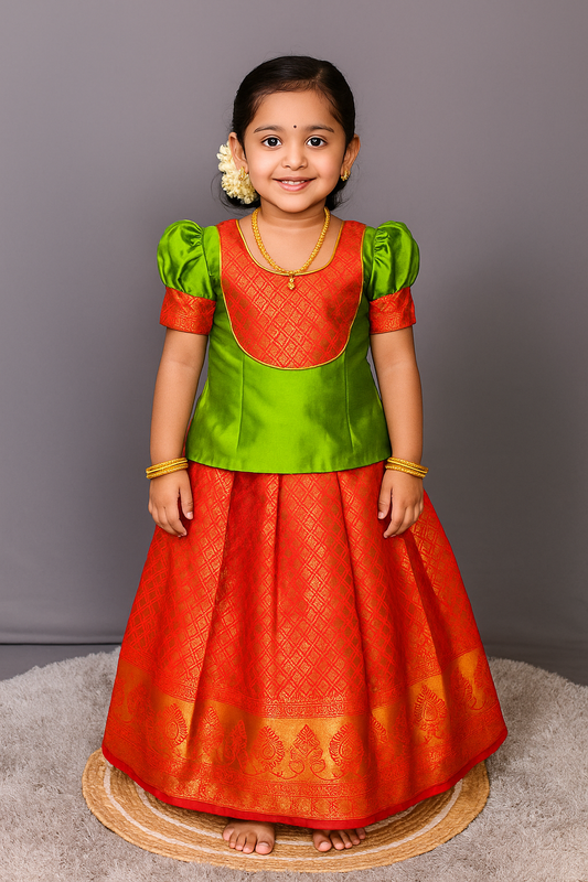 Charming Green with Red Pattu Pavadai