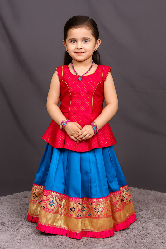 Charming Pink Top with Blue Pattu Pavadai