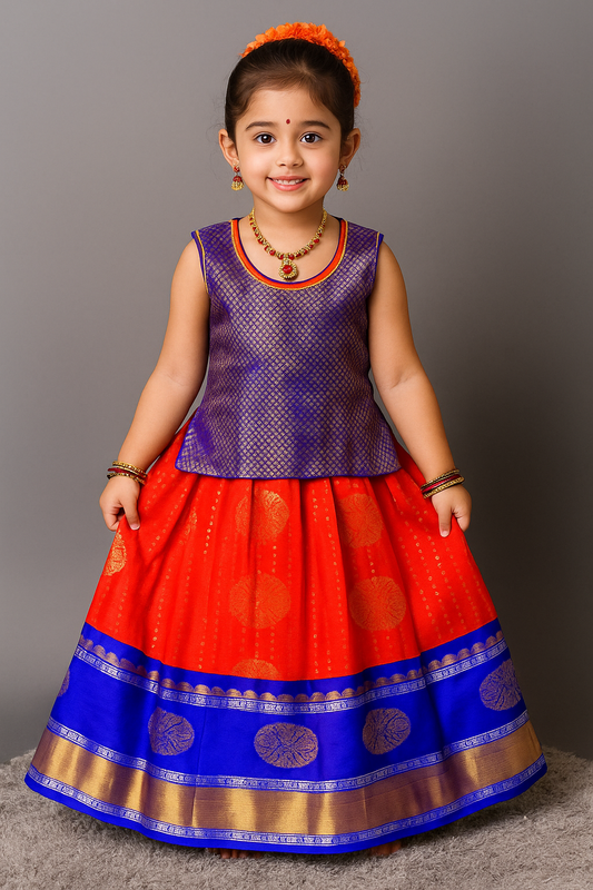 ELEGANT ORANGE WITH BLUE PATTU PAVADAI