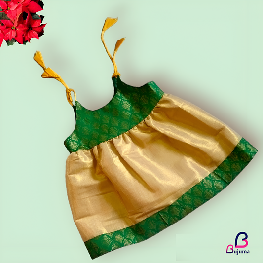 Dark Green with golden silk frock for baby girl