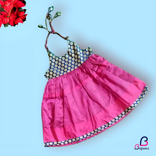 Dark Blue with Hot Pink silk frock for baby girl