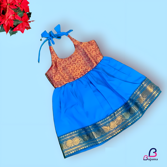 Pink floral with Bright blue silk frock for your Little Princess