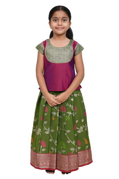 Elegant Purple with Green Designer Pattu Pavadai