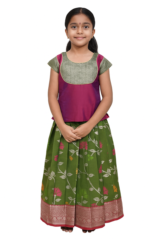 Elegant Purple with Green Designer Pattu Pavadai