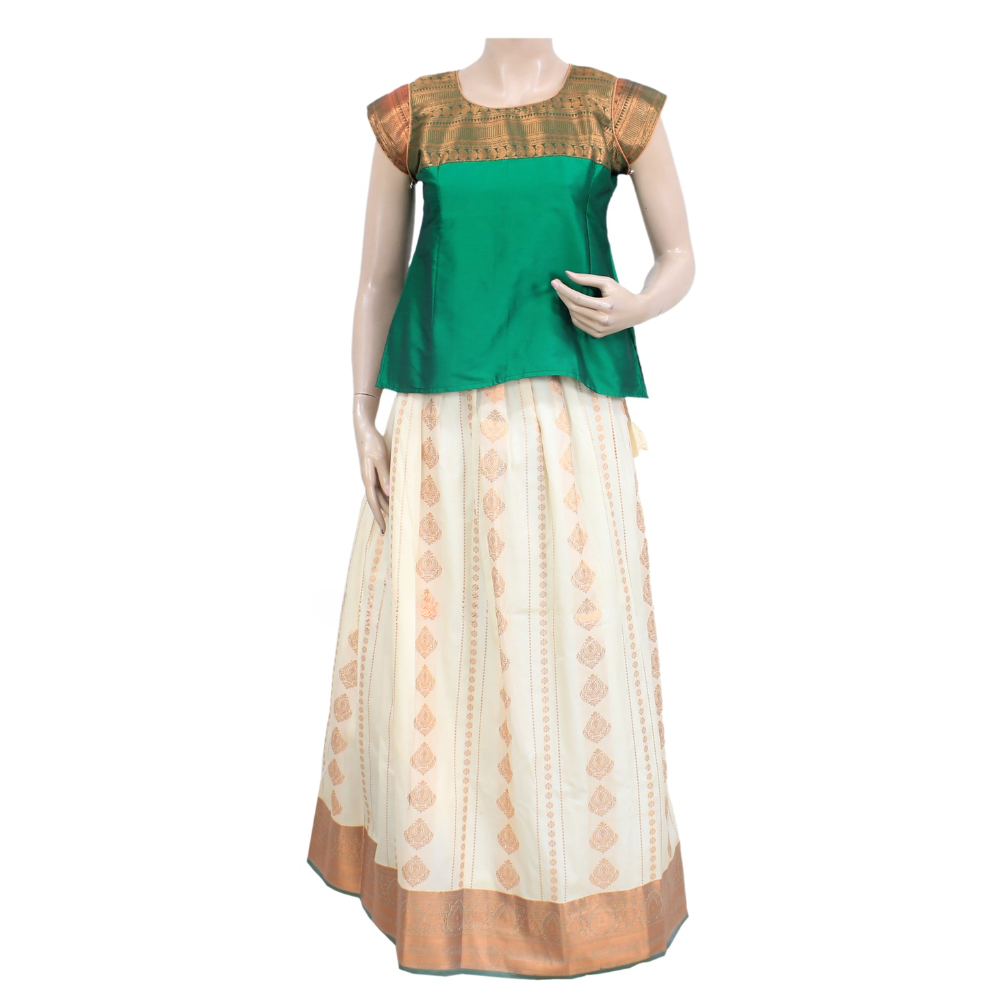 Green with white zari border Pattu  Pavadai.
